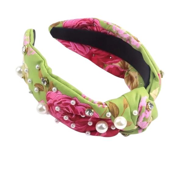 Colorful Floral Wide Brimmed Faux Pearl & Rhinestone Headband - Picture 4 of 5